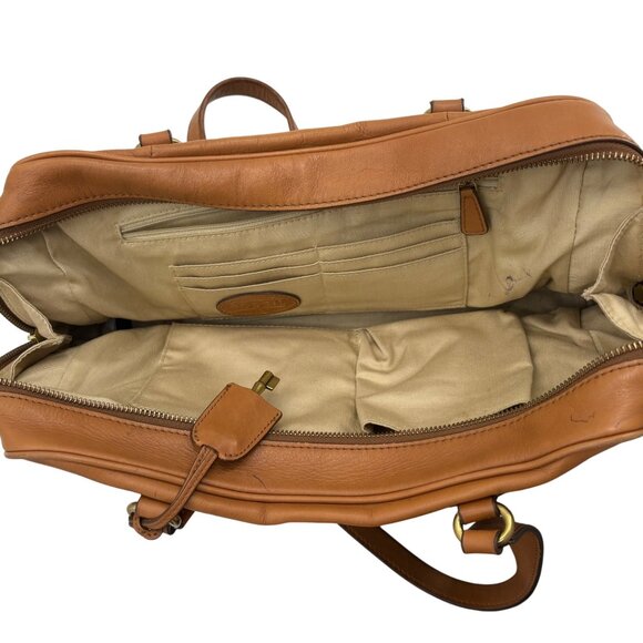Fossil Leather Satchel Bag Camel Brown Zipper Closure Dual Handle Pre-Owned - Picture 6 of 7